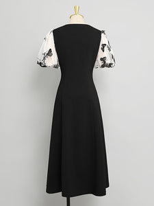 Black Butterfly Puff Sleeve Audrey Hepburn Style 50S Dress