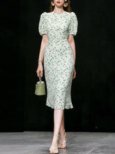 Load image into Gallery viewer, Green Grass Print Puff Sleeve 1950s Vintage Party Dress