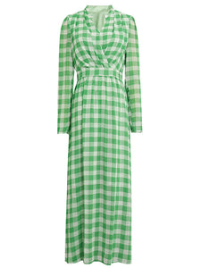 Vintage Green And White V Neck Maxi Dress