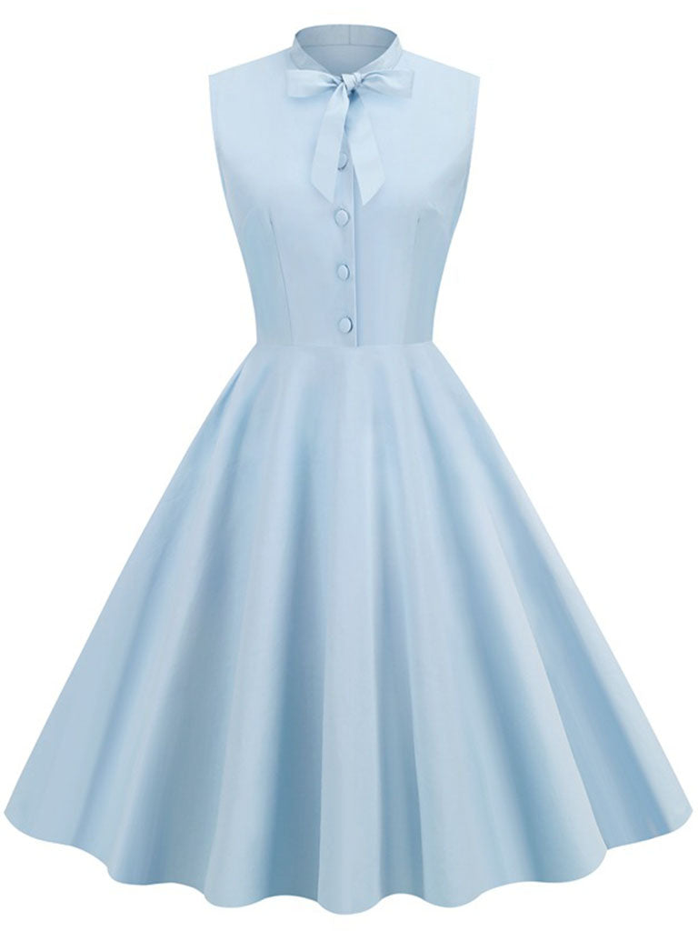 Baby Blue Bow Collar Sleeveless 1950S Vintage Shirt Swing Dress