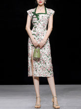 Load image into Gallery viewer, Green Rose Square Collar Split Cheongsam Dress