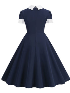 Navy Cotton Plaid Short Sleeve Cravat Tie 1950S Vintage Dress