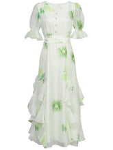 Load image into Gallery viewer, Green V Neck Floral Print Ruffles Maxi Chiffon Dress