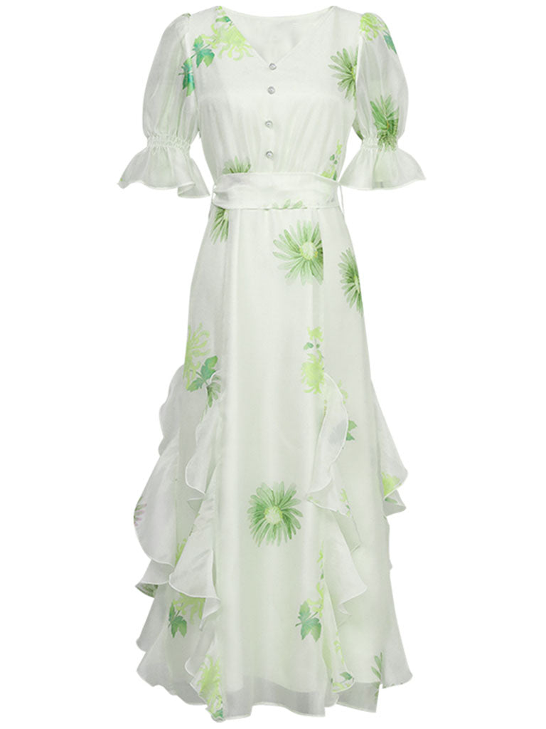 Green V Neck Floral Print Ruffles Maxi Chiffon Dress