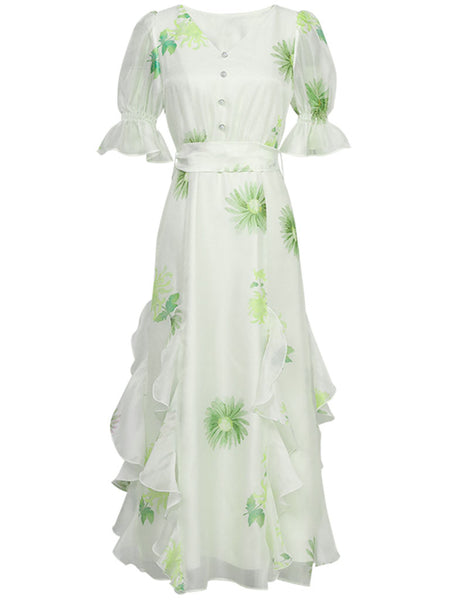 light green floral ruffle v neck maxi dress Green Floral V-Neck Tier Ruffle Maxi Dress main image 0