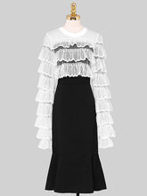 Load image into Gallery viewer, 2PS Crew Neck Long Sleeve White Lace Lotus Leaf Top And Black Fishtail Skirt Suit