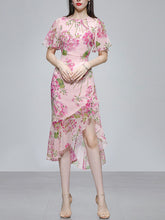 Load image into Gallery viewer, Pink Floral Print Chiffon Ruffles 1960S Dress