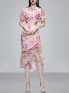 Pink Floral Print Chiffon Ruffles 1960S Dress
