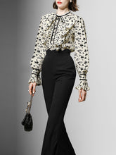 Load image into Gallery viewer, 2PS Stand Collar Printed Top And Black Flared Pants Set