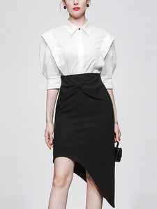 2PS White 1950S Vintage Classic Top And Black Bow Irregular Skirt Suit