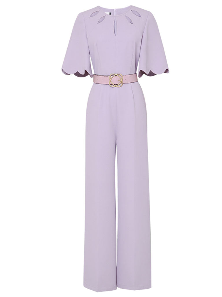 Lilac Elegant Crew Neck Flower Cut Out Short Sleeves With High Waist Slim Wide Leg Jumpsuit