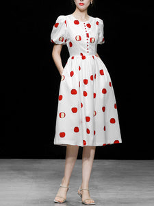 White Crew Neck Printed Red Apple Swing 1950S Dress