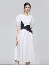 Load image into Gallery viewer, White Puff Sleeve Waist Black Knotted Audrey Hepburn&#39;s 1950S Dress