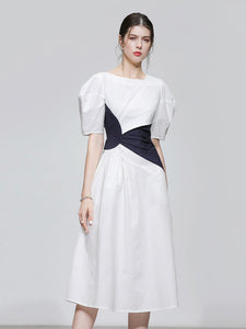 White Puff Sleeve Waist Black Knotted Audrey Hepburn's 1950S Dress