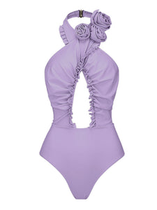 Purple Handmade Flower Halter Ruffles One Piece With Bathing Suit Wrap Skirt