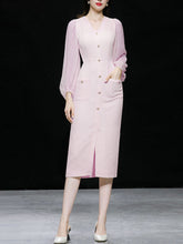 Load image into Gallery viewer, Light Pink Solid Color Puff Long Sleeve V-Neck Pearl 1940S Dress