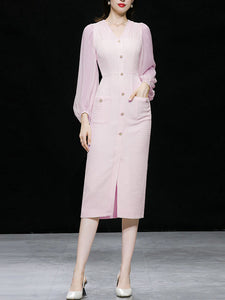 Light Pink Solid Color Puff Long Sleeve V-Neck Pearl 1940S Dress