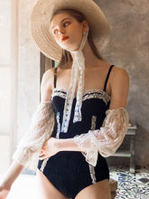 Load image into Gallery viewer, Black And White Lace Cold Shoulder Ruffles Swimsuit With Long Sleeve One Piece Swimwear