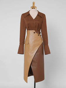 2PS Brown 1950S Vintage V Neck Classic Top And Brown Irregular Pu Skirt Suit