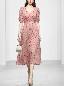 Pink Rose Floral Chiffon Vintage Style 1950S Dress