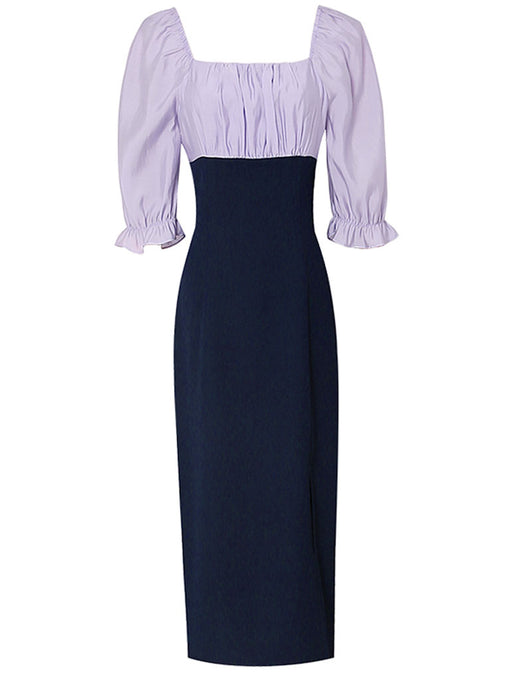 Purple Puff Sleeve Square Neck Slit 1940S Vintage Dress
