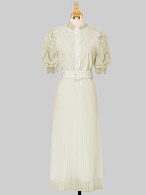 Load image into Gallery viewer, Apricot Stand Collar Puff Sleeve Mesh Pleated Dress