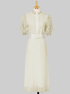 Apricot Stand Collar Puff Sleeve Mesh Pleated Dress