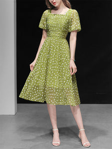 Green Daisy Puff Greenery Chiffon 1950S Vintage Dress