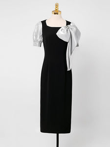 Black Big Sweet Bow Vintage Square Collar Puffed Sleeve 1960S Dress