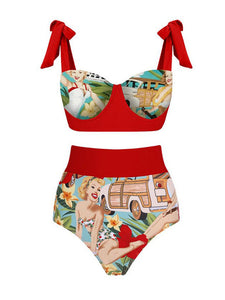 Red Retro Poster Print Bikini With Bathing Suit Wrap Skirt