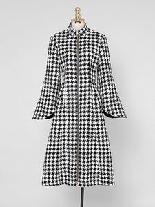 2PS Stand Collar Flared Sleeve  Houndstooth Wool Coat With Retrievable Cape