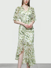 Load image into Gallery viewer, Light Green Floral Print V Neck Vintage Style Ruffles Dress