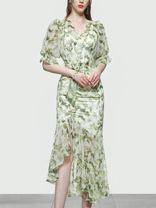Light Green Floral Print V Neck Vintage Style Ruffles Dress