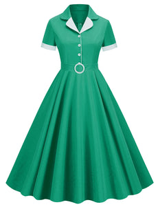 Green Solid Color Turn Down Collar Short Sleeves 1950S Vinatge Shirt Dress