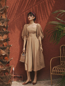 Retro Palace Puffed Sleeves Square Collar Linen Vintage Dress
