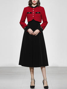 2PS Red Tweed Jacket Coat And Black Velvet Dress Set