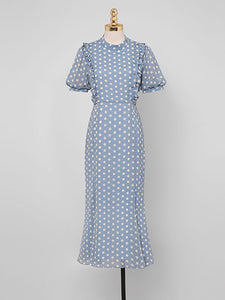 Blue Polka Dots Puff Sleeve Vintage Chiffon Dress