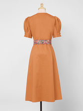 Load image into Gallery viewer, Orange V Neck Puff Sleeve Audrey Hepburn Style 50S Vintage Dress With Belt