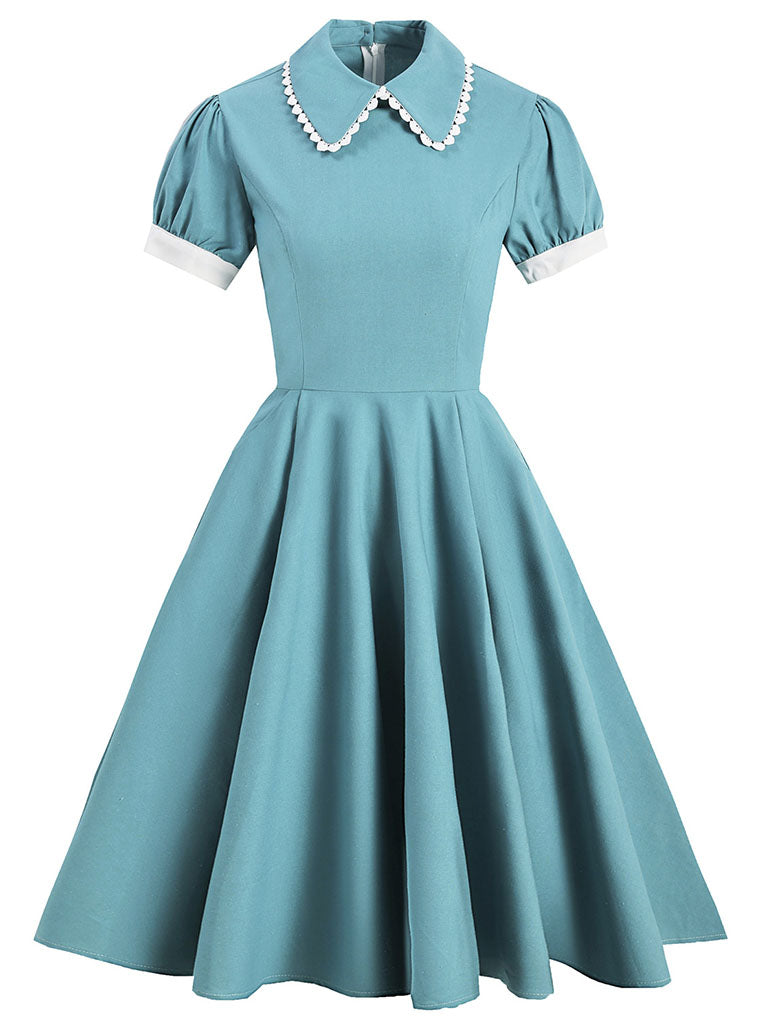 Lake Blue Peter Pan Collar 1950S Dress With Pockets, Blue / L