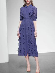 Blue Turndown Collar Ruffles 1940S Dress