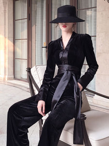 Deep V Neck Black Velvet Women‘s Jumpsuit Vintage Rompers