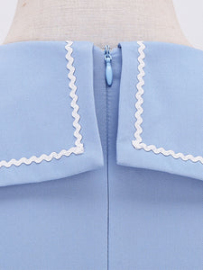 Blue Hepburn Style Navy Wavy Lace Puff Short Sleeved Elegant Swing Dress