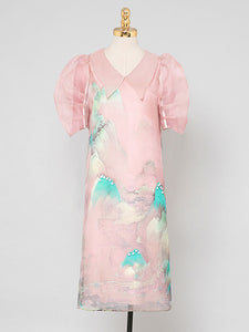 Pink Organza Puff Sleeve Vintage Dress With Belt