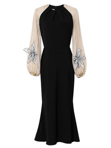 Black Lantern Sleeve Flower Decoration Sexy Mermaid Dress