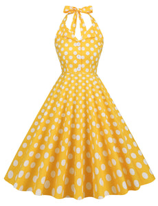 Green And White Polka Dots Pockets Vintage Halter 1950S Dress With Button