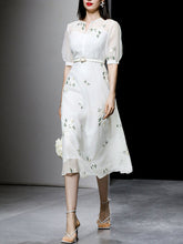 Load image into Gallery viewer, White V Neck Puff Sleeves Embroidered Organza Vintage Dress