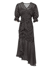 Load image into Gallery viewer, Black Polka Dots V Neck Vintage Style Ruffles Dress
