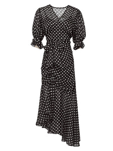 Black Polka Dots V Neck Vintage Style Ruffles Dress