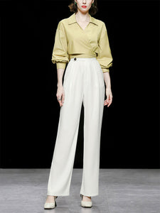 Yellow V Neck Shirt And White High Waisted Wide Leg Trousers Suit