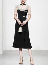 Load image into Gallery viewer, White Semi Sheer Ruffles With Black Fishtail Cheongsam Dress